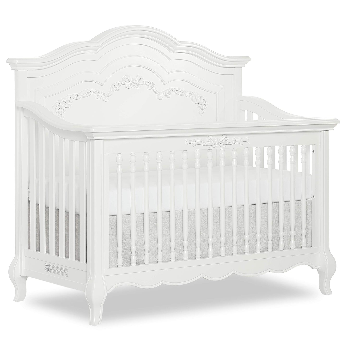 Evolur Aurora 5-in-1 Convertible Full-Size Baby Crib in Ivory Lace, GreenGuard Gold & JPMA, 3 Mattress HeightsRibbon Bow Scrollwork & Queen Anne Feet, Converts to Toddler, Day & Full-Size Bed