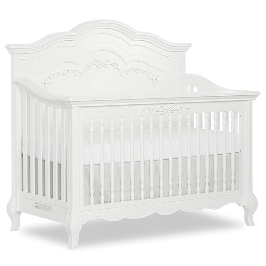 Evolur Aurora 5-in-1 Convertible Full-Size Baby Crib in Ivory Lace, GreenGuard Gold & JPMA, 3 Mattress HeightsRibbon Bow Scrollwork & Queen Anne Feet, Converts to Toddler, Day & Full-Size Bed