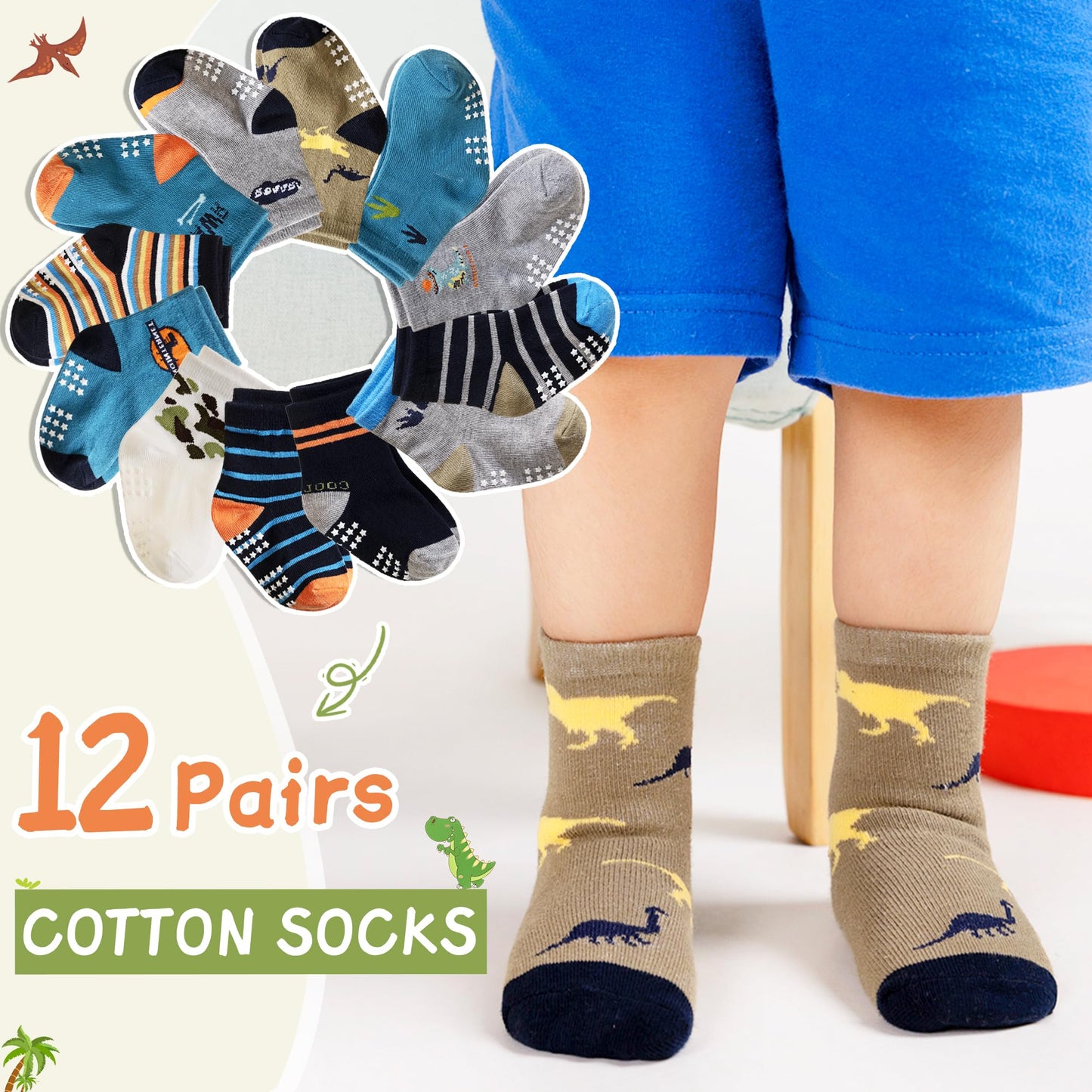 Toddler Non Slip Grips Socks Kids Anti Skid Baby Boys Girls Cotton Crew Socks 12 Pairs