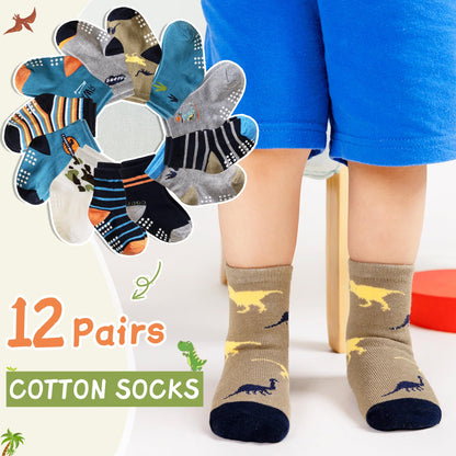 Toddler Non Slip Grips Socks Kids Anti Skid Baby Boys Girls Cotton Crew Socks 12 Pairs