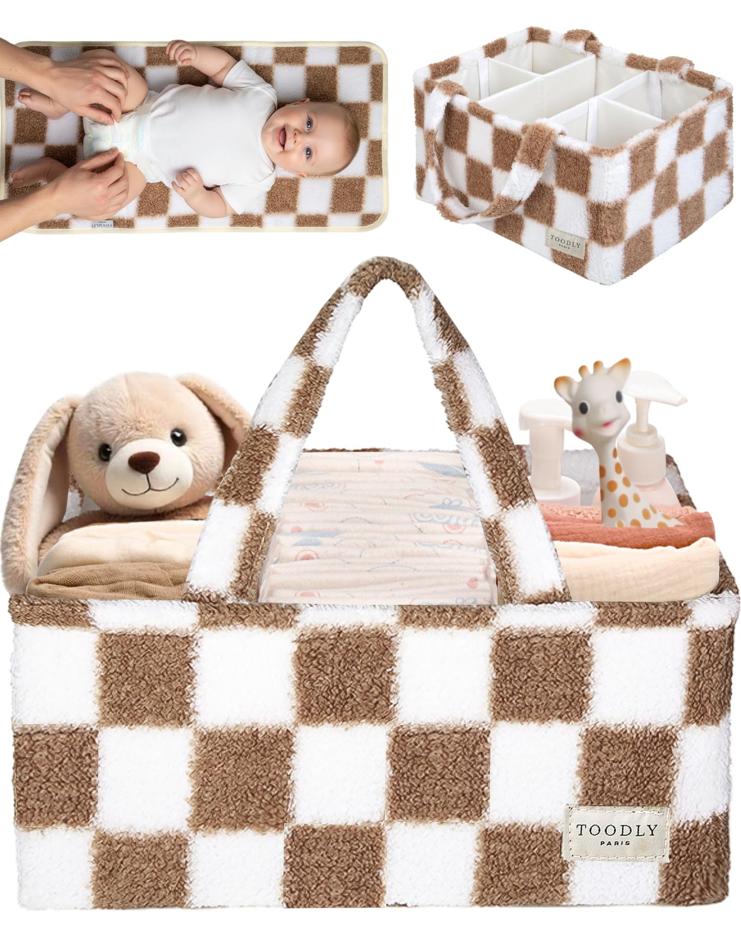 Baby Diaper Caddy Organizer with Portable Changing Mat - Teddy Fleece Diaper Organizer for Changing Table - Basket for Changing Essentials - Baby Essentials Organizer with Removable Dividers