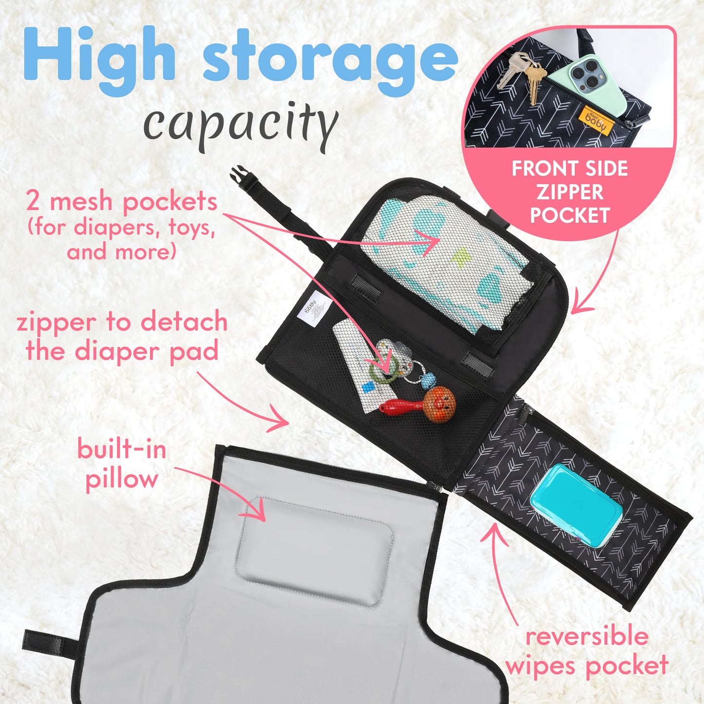 Kopi Baby Portable Diaper Changing Pad - Baby Diaper Changer Travel Bag with Wipes Pocket, Smart Design Portable Changing Mat, Infant Travel Station Kit, Gift for Newborn Girl & Boy - Grey, Classic