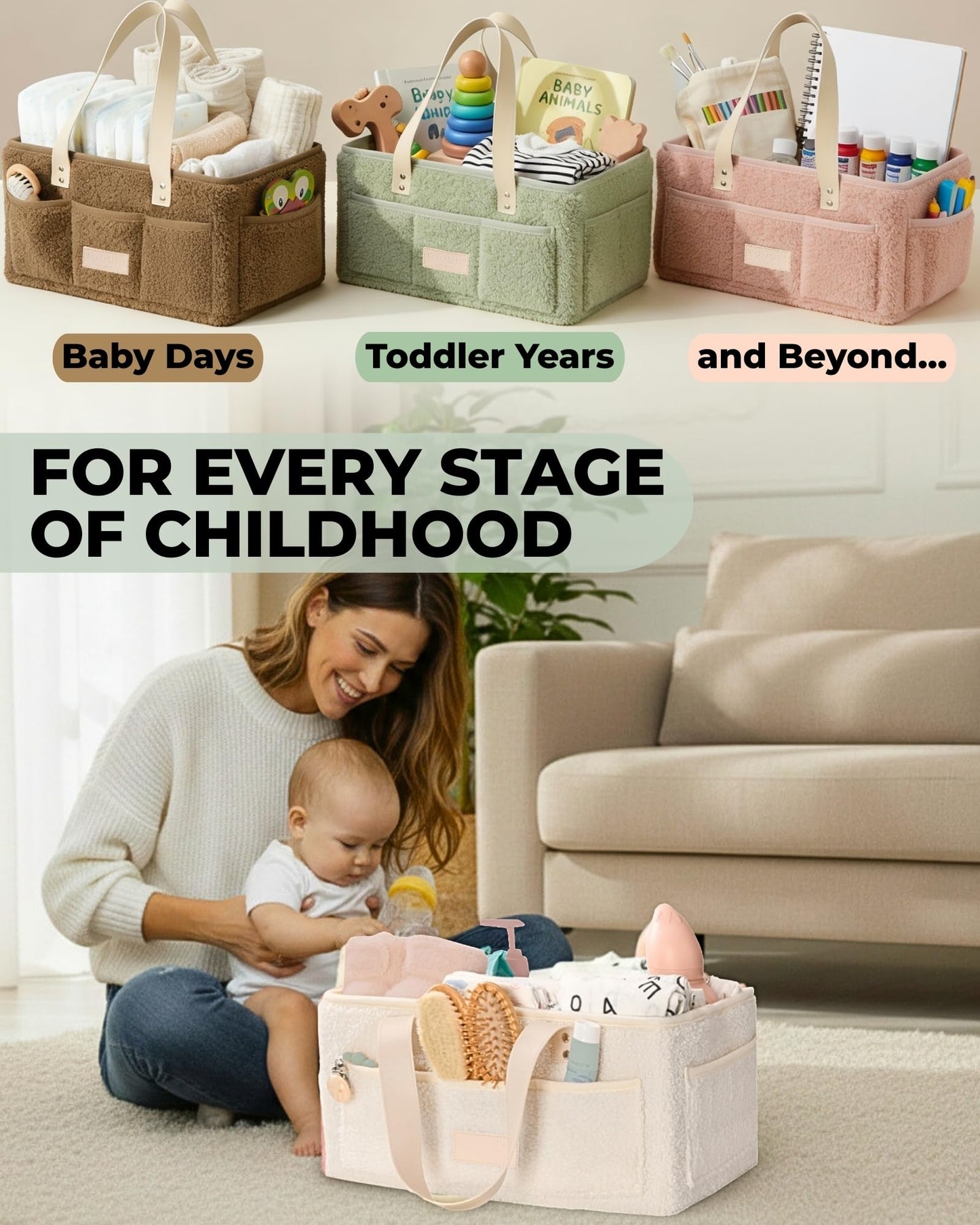 Baby Diaper Caddy Organizer with Portable Changing Mat - Teddy Fleece Diaper Organizer for Changing Table - Basket for Changing Essentials - Baby Essentials Organizer with Removable Dividers