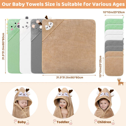 12 PCS Baby Bath Towels Set for Infants Toddlers, 4 PCS Animal Hooded Baby Towels & 8 PCS Washcloths Set, Ultra Absorbent Cute Soft Newborn Bath Essentials Gifts for Boys & Girls