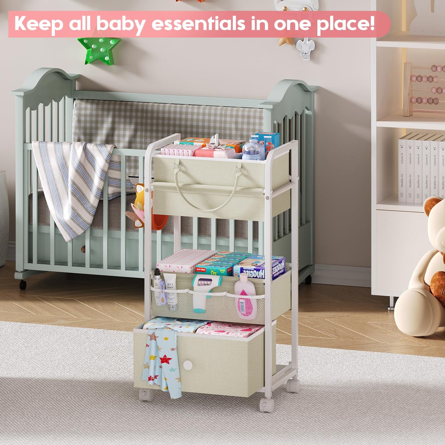 Cidaziya 2In1 Baby Diaper Caddy Organizers and Storage, 3 Tier Rolling Cart with Dividers and Drawers, Mobile Utility Cart Baby Dresser Clothes Organizer for Changing Table, Crib Nursery, Bedroom