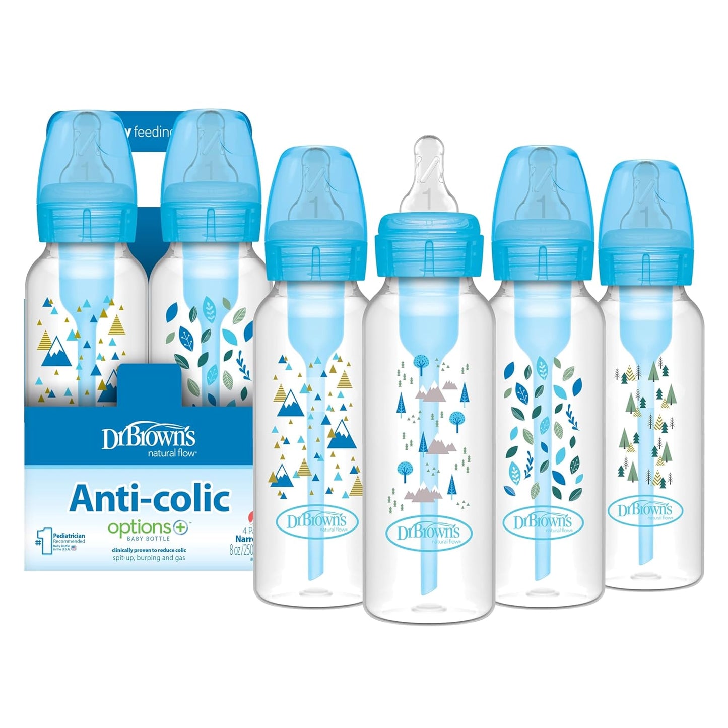 Dr. Brown's Natural Flow Anti-Colic Options+ Narrow Baby Bottle, 8 oz/250 mL, with Level 1 Slow Flow Nipples, 0m+, 4 Pack