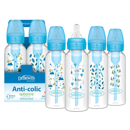 Dr. Brown's Natural Flow Anti-Colic Options+ Narrow Baby Bottle, 8 oz/250 mL, with Level 1 Slow Flow Nipples, 0m+, 4 Pack