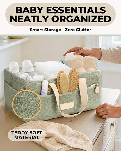 Baby Diaper Caddy Organizer with Portable Changing Mat - Teddy Fleece Diaper Organizer for Changing Table - Basket for Changing Essentials - Baby Essentials Organizer with Removable Dividers