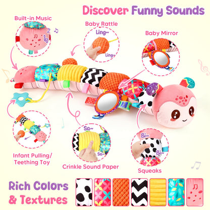 Baby Sensory Toys for 0-6 6-12 Months, Musical Stuffed Caterpillar Animal Toys for Infant 3 6 9 12 18 Months, Tummy Time Toys with Mirror Rattle Crinkle for Newborn Boys Girls Shower Gifts