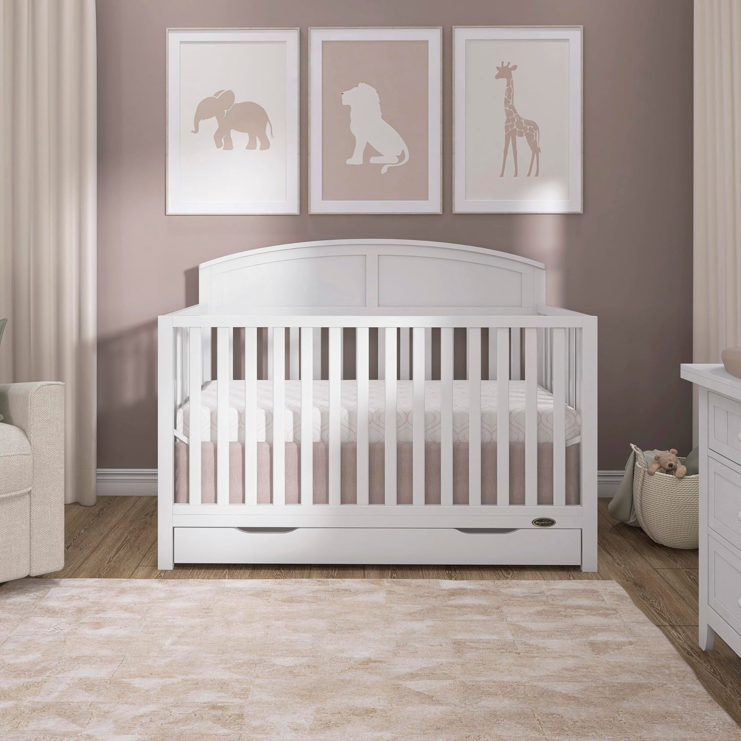 Dream On Me Storybrooke 5-in-1 Convertible Full-Size Crib with Under Drawer, White, GreenGuard Gold & JPMA, Convert to Toddler, Day & Full-Size Bed, 3 Mattress Heights, Sustainable Pinewood