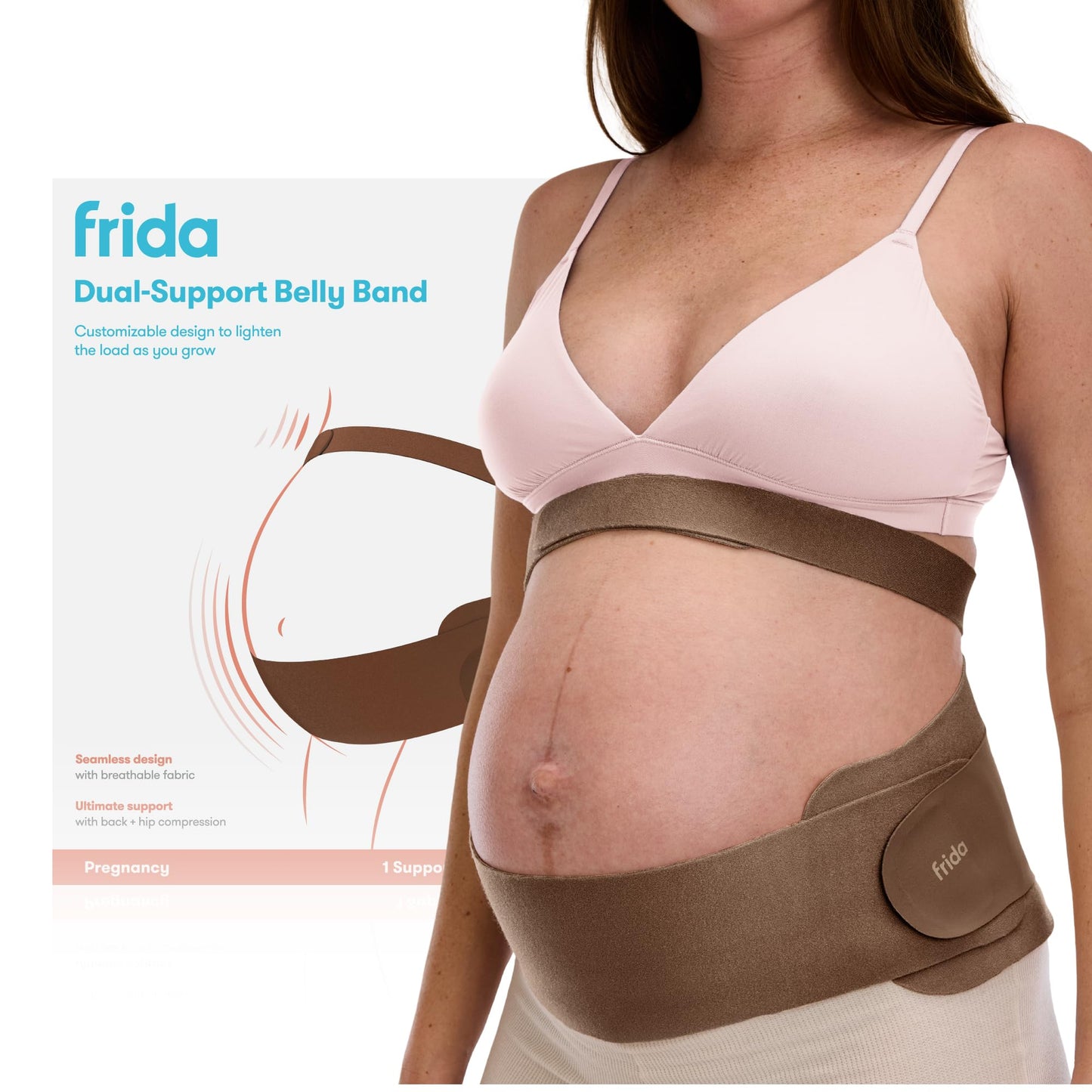Frida Mom Dual Support Pregnancy Belly Band S/M, Maternity Belly Band with Ultimate Support Back, Hip & Pelvic, Adjustable, Lightweight, Breathable & Comfy, Supports Bump as Baby Grows, Clay