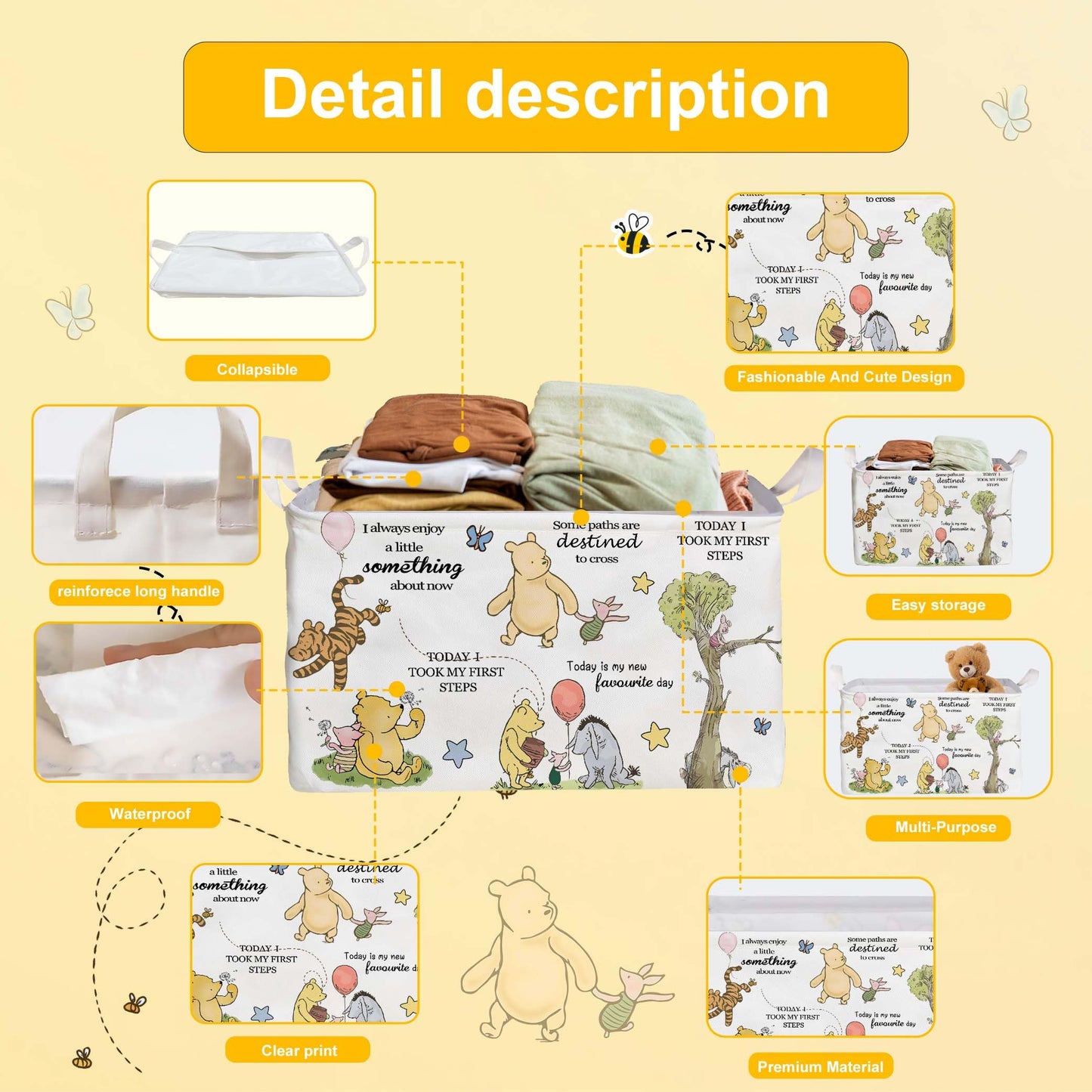 Winnie Nursery Decor, the Pooh Baby Stuff, Winnie Storage Nursery Basket, Large squarecanvas Laundry Hamper With A Waterproof PECoating, Foldable, Toys Bin, Baby Nursery HamperDecor, Star