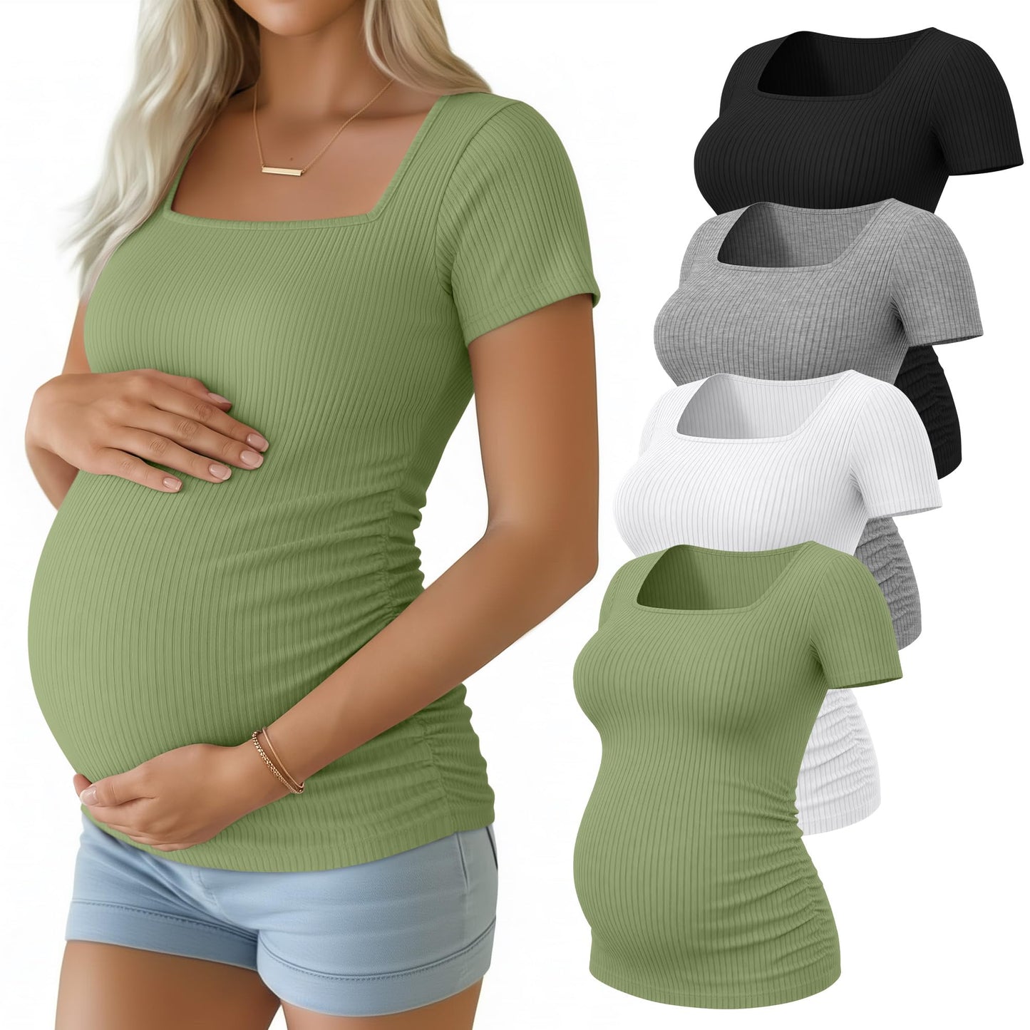 Huukeay 4 Pack Women's Maternity Shirts Cotton Ribbed Short Sleeve Square Neck Pregnancy Tops Side Ruched Summer Tee