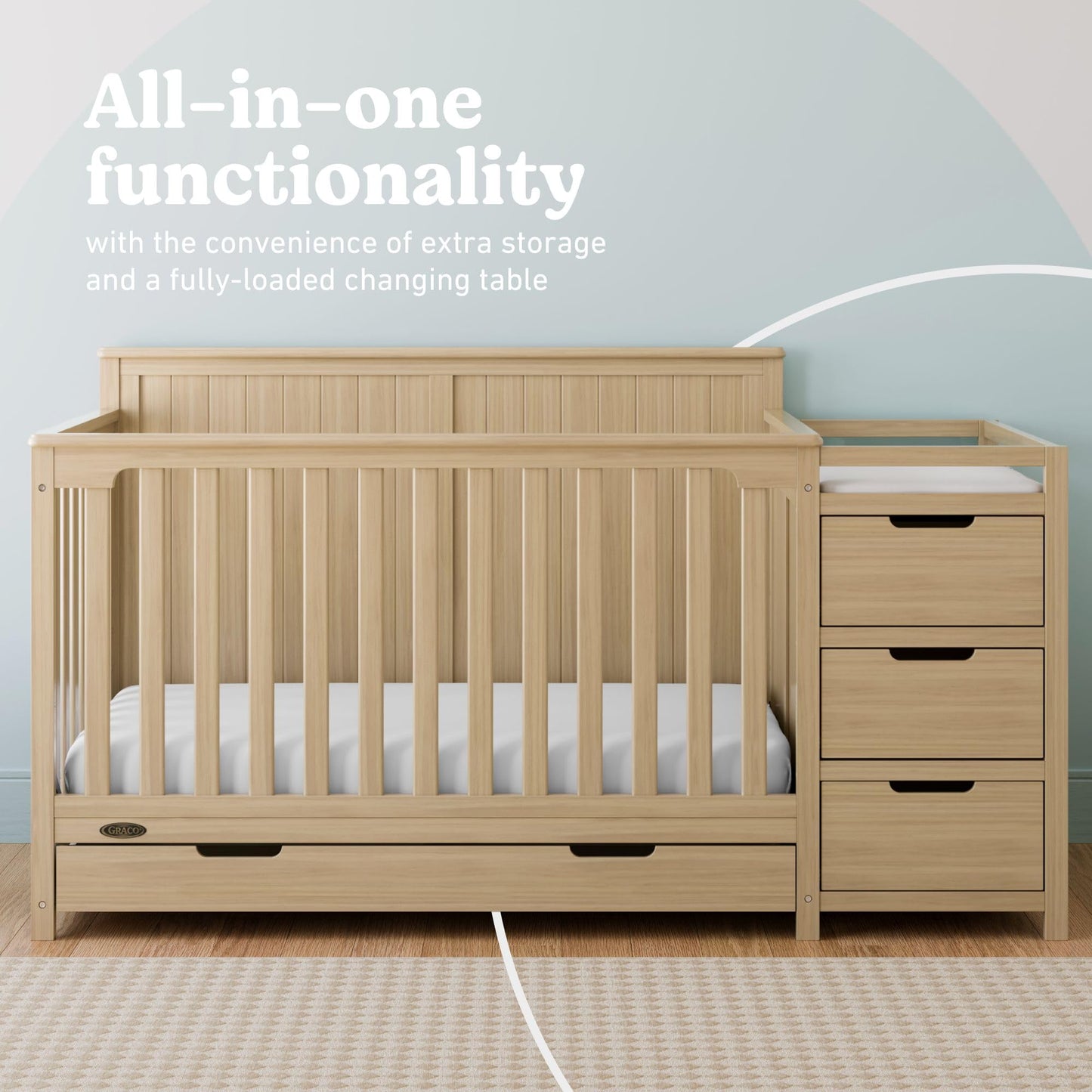Graco Hadley 5-in-1 Convertible Crib & Changer – GREENGUARD Gold Certified, Fits Standard Crib Mattress, Converts to Toddler Bed and Full Bed, 4 Adjustable Mattress Heights (Pebble Gray)