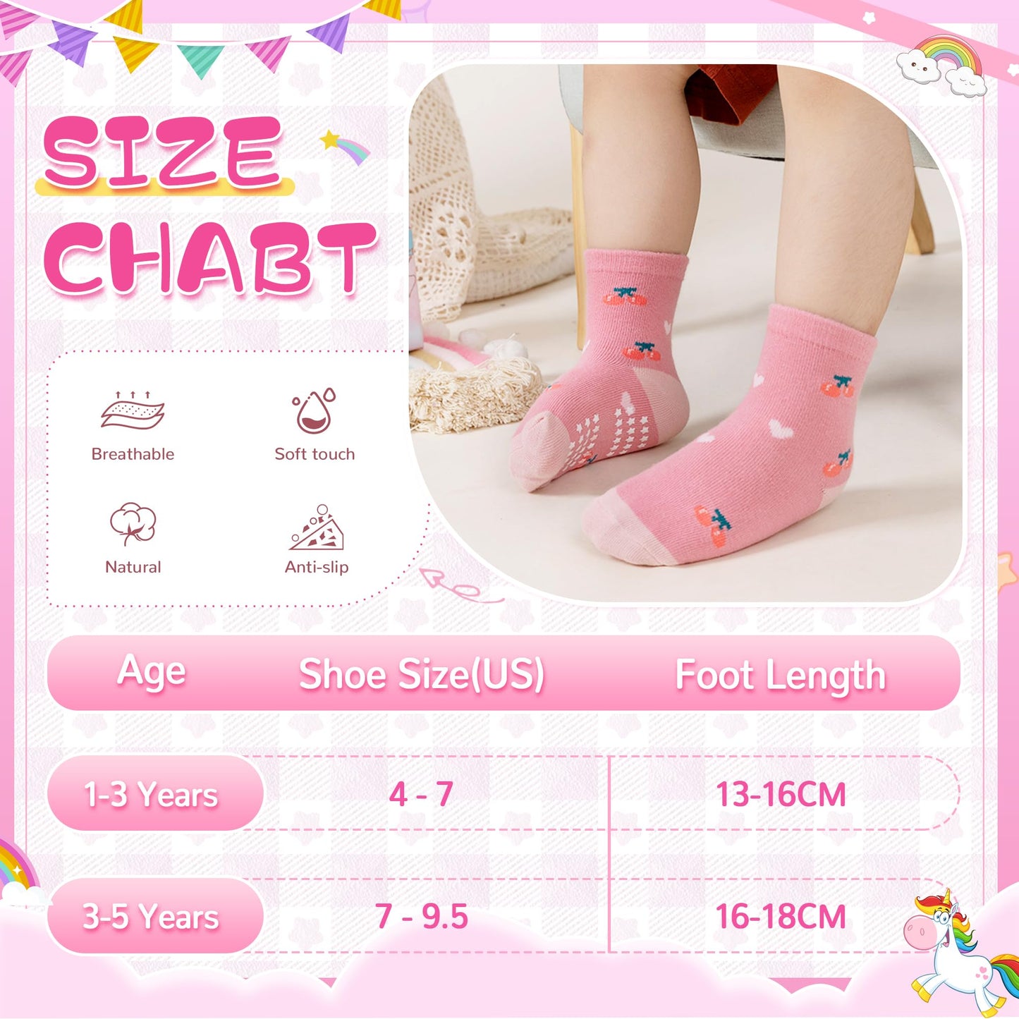 Toddler Non Slip Grips Socks Kids Anti Skid Baby Boys Girls Cotton Crew Socks 12 Pairs