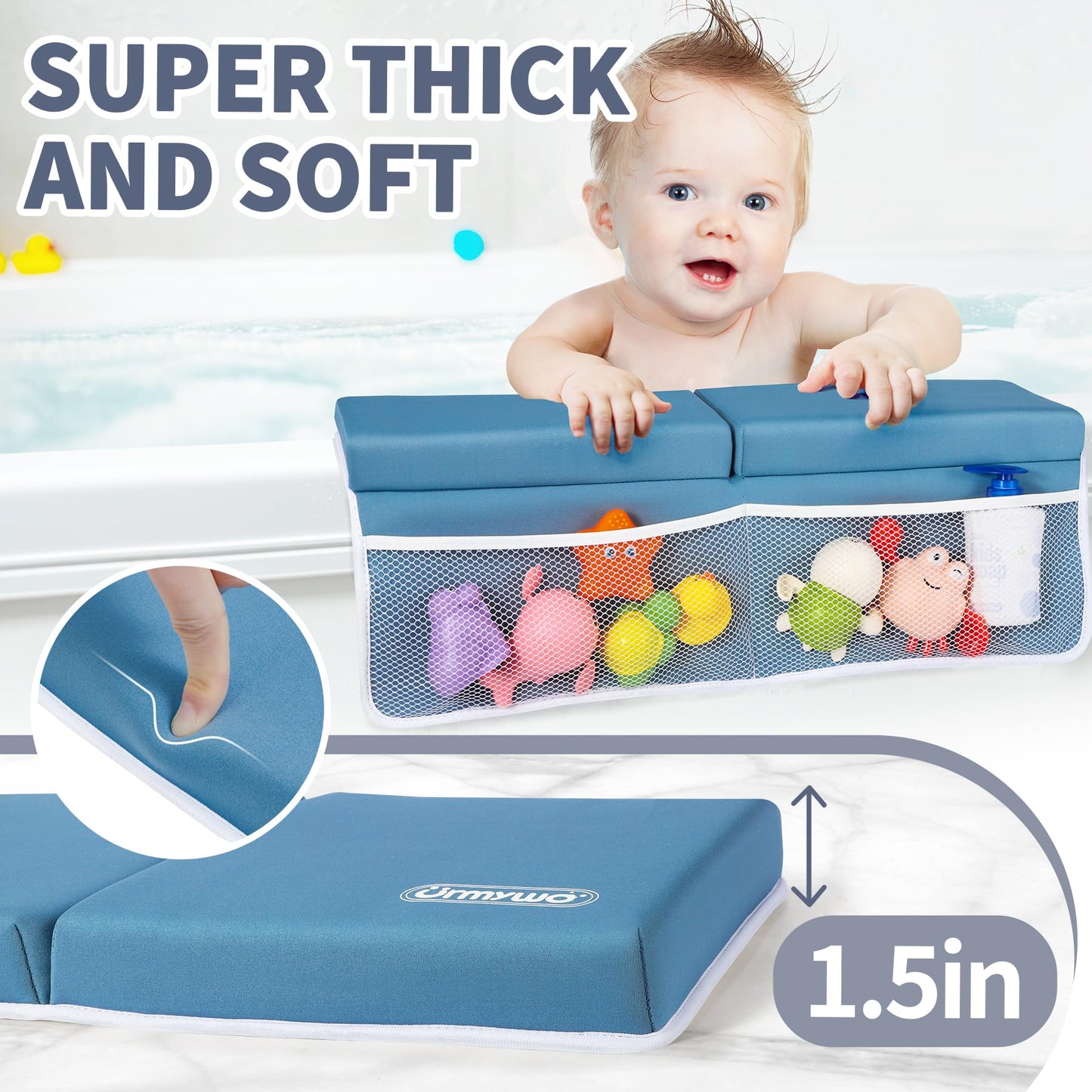 URMYWO Bath Kneeler and Elbow Rest Pad Set - 1.5" Thick Baby Bath Kneeler Pads with Toys Organizer, Anti-Slip Cozy Knee & Arm Support Bathtub Mat, Quick Dry Kneeling Pad for Baby Bath Time