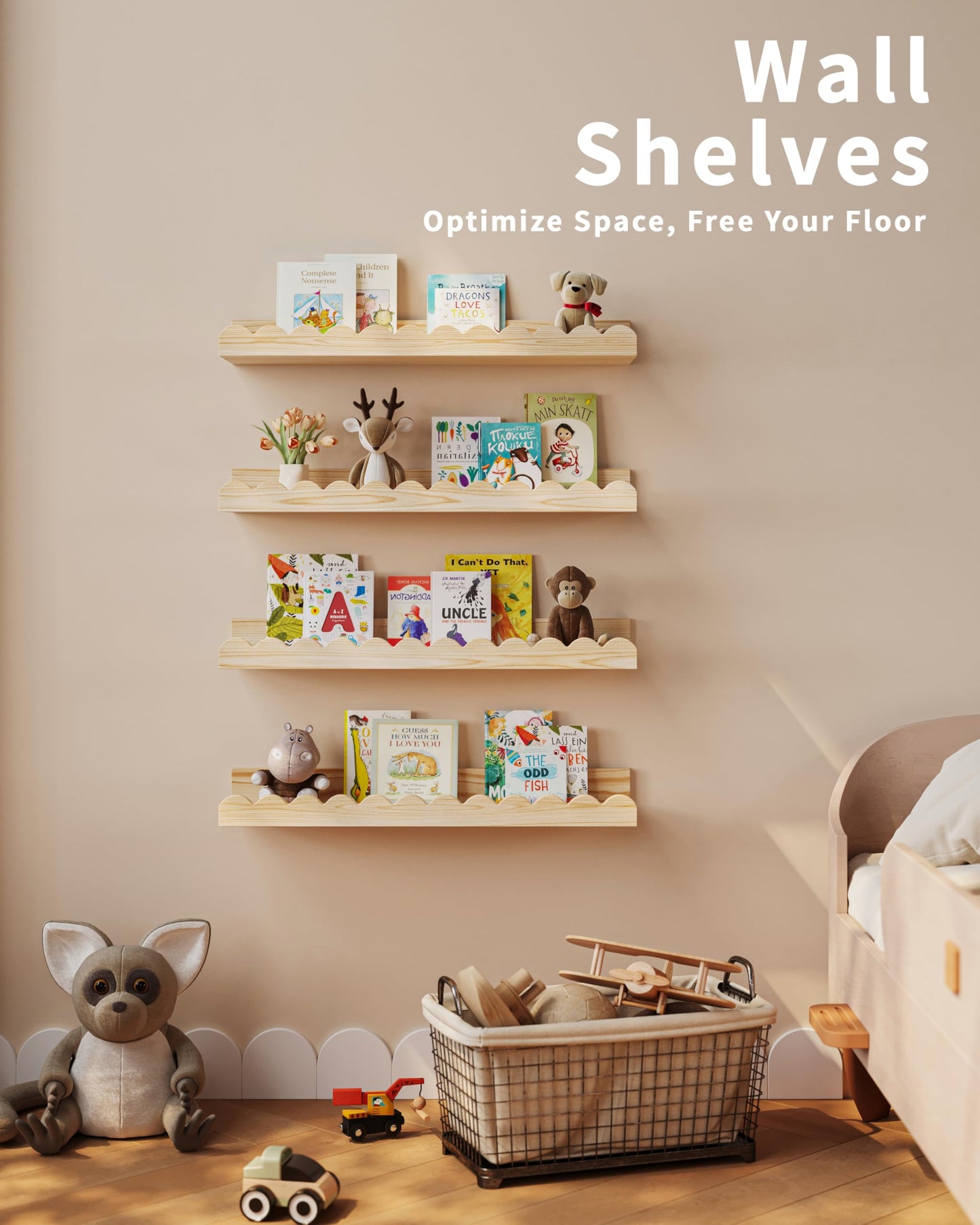 Shario Nursery Book Shelves, 4-Pack White Floating Shelves for Wall Kids, Scalloped Shelves, Wall Book Shelves for Bedroom Kids, Toddler Room, Baby Room, Nursery Decor