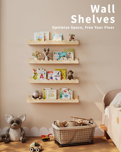 Shario Nursery Book Shelves, 4-Pack White Floating Shelves for Wall Kids, Scalloped Shelves, Wall Book Shelves for Bedroom Kids, Toddler Room, Baby Room, Nursery Decor