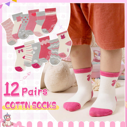 Toddler Non Slip Grips Socks Kids Anti Skid Baby Boys Girls Cotton Crew Socks 12 Pairs