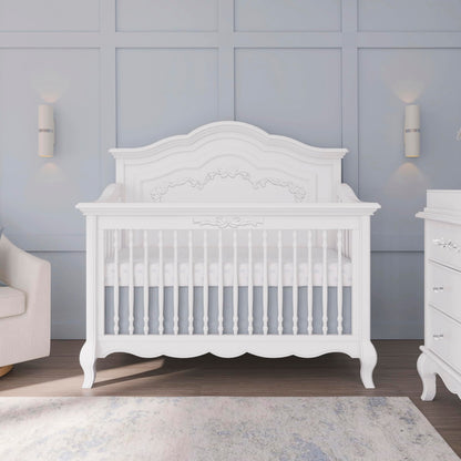 Evolur Aurora 5-in-1 Convertible Full-Size Baby Crib in Ivory Lace, GreenGuard Gold & JPMA, 3 Mattress HeightsRibbon Bow Scrollwork & Queen Anne Feet, Converts to Toddler, Day & Full-Size Bed
