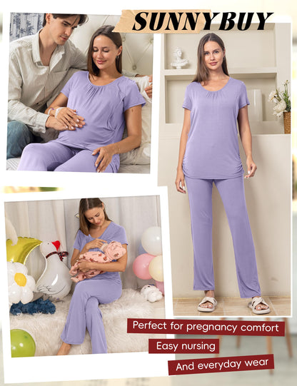 SUNNYBUY Womens Maternity Nursing Pajamas Set, Short Sleeve Breastfeeding Shirts，Pregnancy Shorts & Pants 3 Piece Nursing PJS