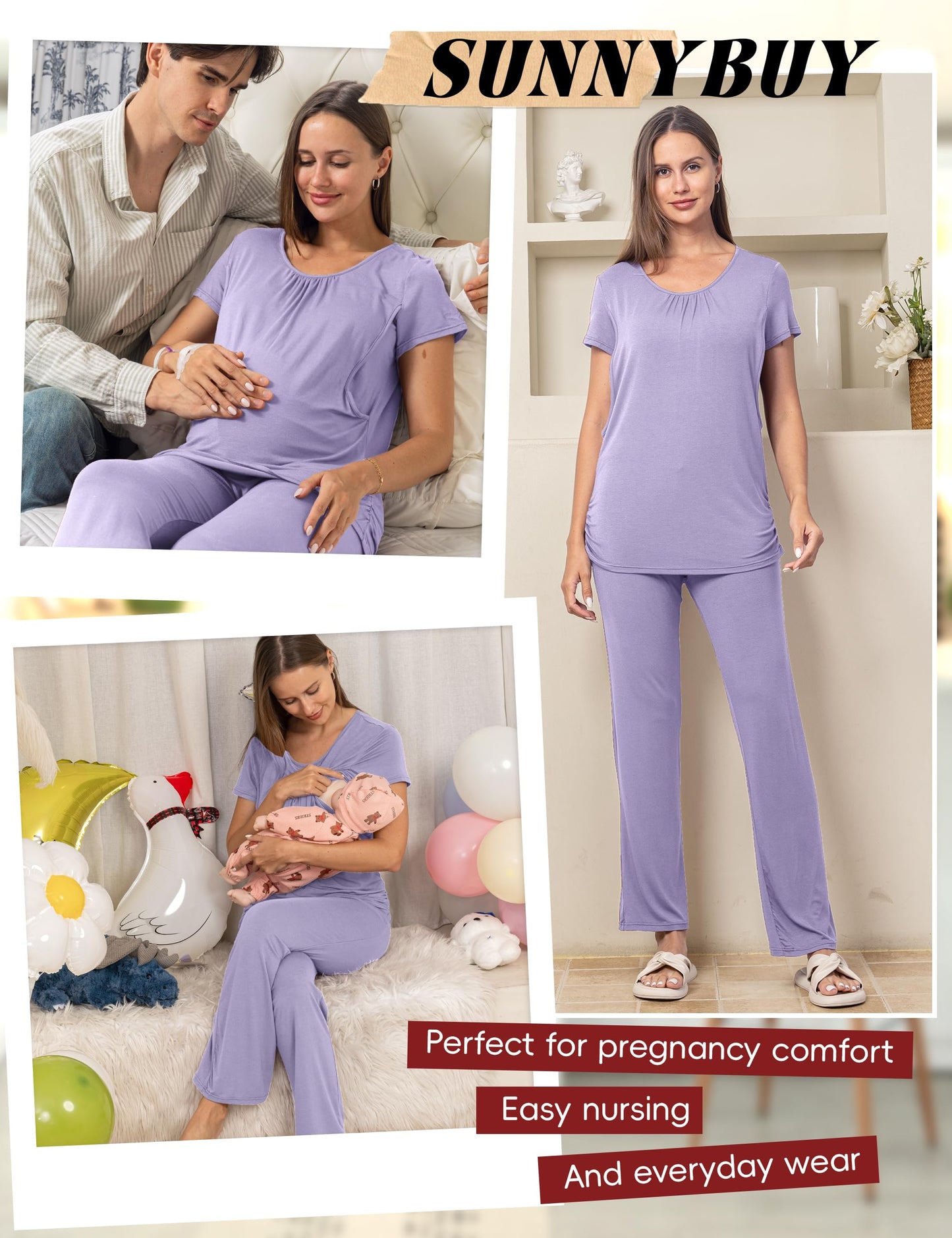 SUNNYBUY Womens Maternity Nursing Pajamas Set, Short Sleeve Breastfeeding Shirts，Pregnancy Shorts & Pants 3 Piece Nursing PJS