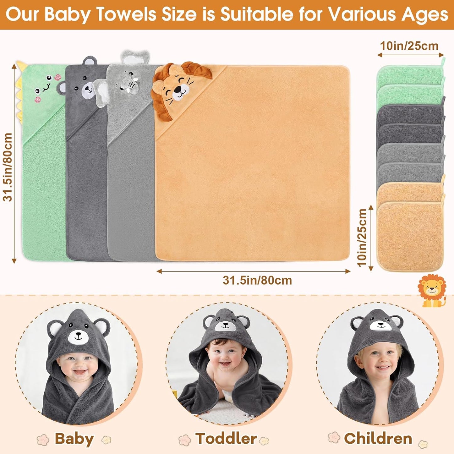 12 PCS Baby Bath Towels Set for Infants Toddlers, 4 PCS Animal Hooded Baby Towels & 8 PCS Washcloths Set, Ultra Absorbent Cute Soft Newborn Bath Essentials Gifts for Boys & Girls