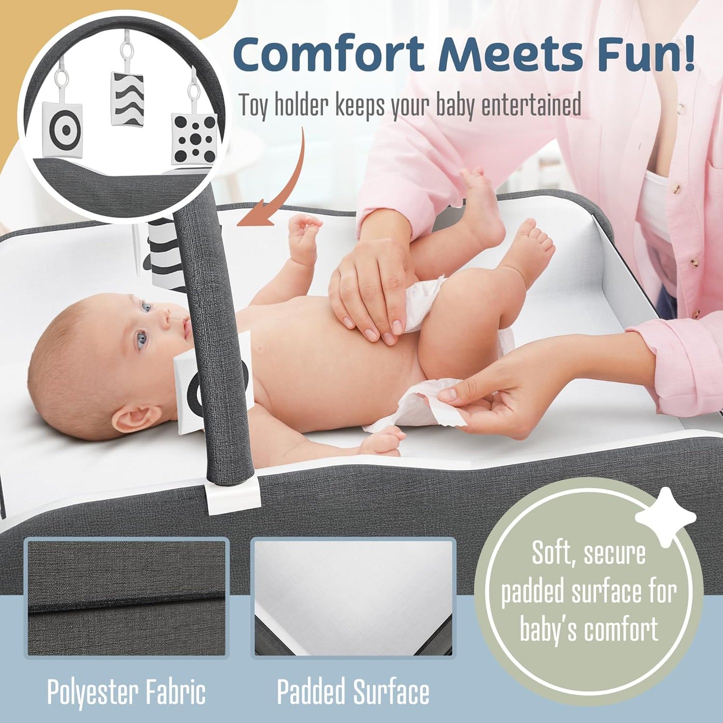 Baby Changing Table Black with Storage - Collapsible Baby Diaper Changing Station with Toy Holder, Baskets - Diaper Changing Table for Small Spaces, Portable Changing Table for Baby