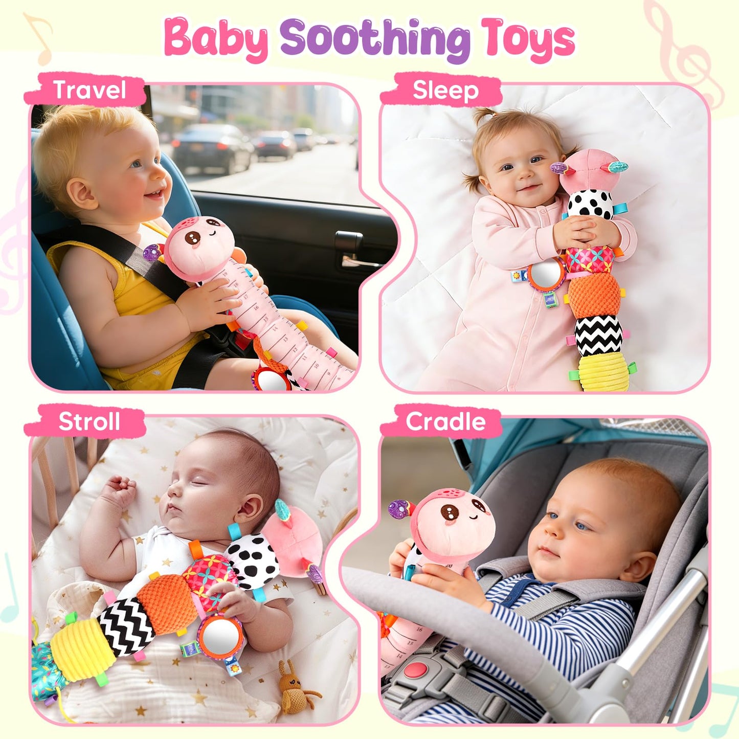 Baby Sensory Toys for 0-6 6-12 Months, Musical Stuffed Caterpillar Animal Toys for Infant 3 6 9 12 18 Months, Tummy Time Toys with Mirror Rattle Crinkle for Newborn Boys Girls Shower Gifts