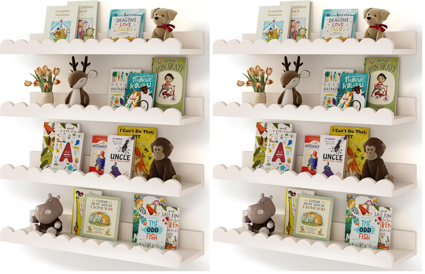 Shario Nursery Book Shelves, 4-Pack White Floating Shelves for Wall Kids, Scalloped Shelves, Wall Book Shelves for Bedroom Kids, Toddler Room, Baby Room, Nursery Decor