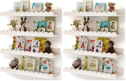 Shario Nursery Book Shelves, 4-Pack White Floating Shelves for Wall Kids, Scalloped Shelves, Wall Book Shelves for Bedroom Kids, Toddler Room, Baby Room, Nursery Decor