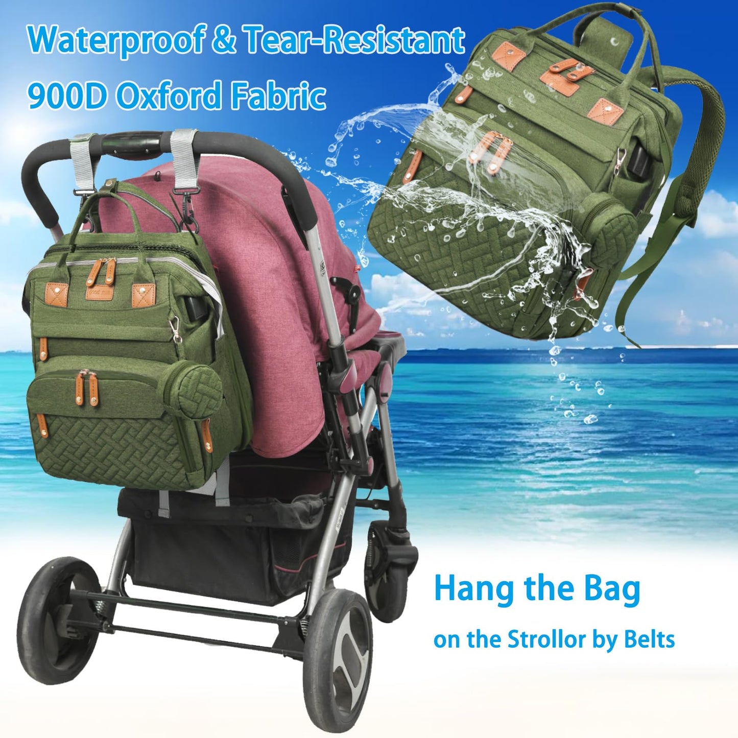 Jeryswet Baby Diaper Bags with Changing Station, Waterproof Large Capacity Diaper Bag Backpack for Moms Dads with USB Charging Port and Stroller Straps, Baby Shower Gifts, Grey