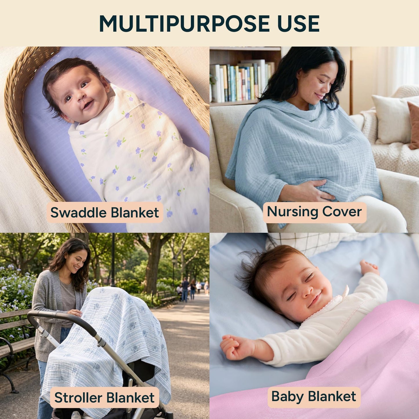 Muslin Swaddle Blankets for Newborns, 3 Pack Multipurpose 100% Organic Cotton, Ultra Soft Breathable Receiving Blanket 47 x 47 inches, Swaddle Wrap for Baby Boys & Girls