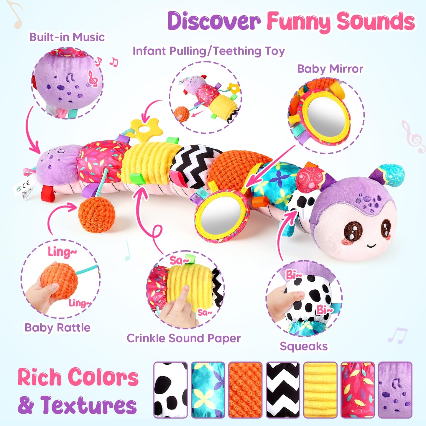 Baby Sensory Toys for 0-6 6-12 Months, Musical Stuffed Caterpillar Animal Toys for Infant 3 6 9 12 18 Months, Tummy Time Toys with Mirror Rattle Crinkle for Newborn Boys Girls Shower Gifts