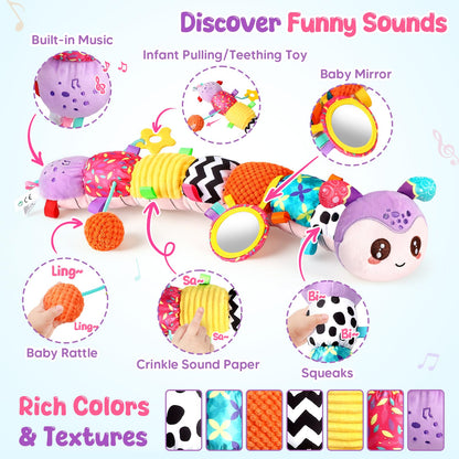 Baby Sensory Toys for 0-6 6-12 Months, Musical Stuffed Caterpillar Animal Toys for Infant 3 6 9 12 18 Months, Tummy Time Toys with Mirror Rattle Crinkle for Newborn Boys Girls Shower Gifts