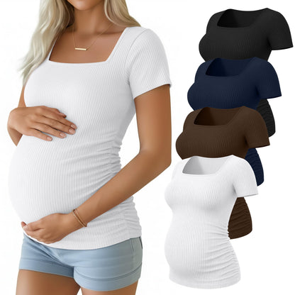Huukeay 4 Pack Women's Maternity Shirts Cotton Ribbed Short Sleeve Square Neck Pregnancy Tops Side Ruched Summer Tee