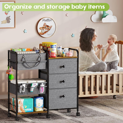 Cidaziya 2In1 Baby Diaper Caddy Organizers and Storage, 3 Tier Rolling Cart with Dividers and Drawers, Mobile Utility Cart Baby Dresser Clothes Organizer for Changing Table, Crib Nursery, Bedroom