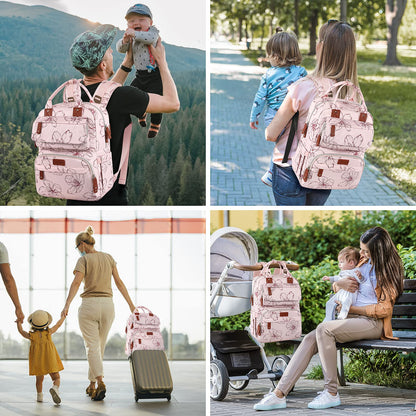 Diaper Bag Backpack, Baby Girl Diaper Bag for Mom, Large Pink Floral Diaper Bag Backpack for Girls, Waterproof Mom Backpack for Work Travel Holiday with Insulated Pockets and Stroller Straps