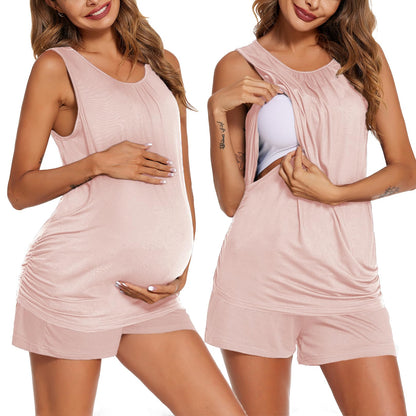 Ekouaer Women Maternity Nursing Pajama Set Breastfeeding Double Layer Pregnancy Pjs Set Sleeveless Top & Shorts with Pockets