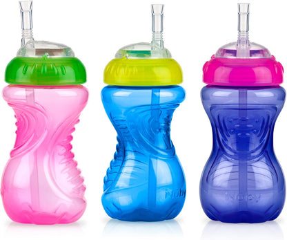 Nuby No-Spill Sippy Cup with Flex Straw - (3-Pack) 10-Ounce Bottles - Sippy Cups for Toddlers 12+ Months - Neutral Color Training Cups for Toddlers