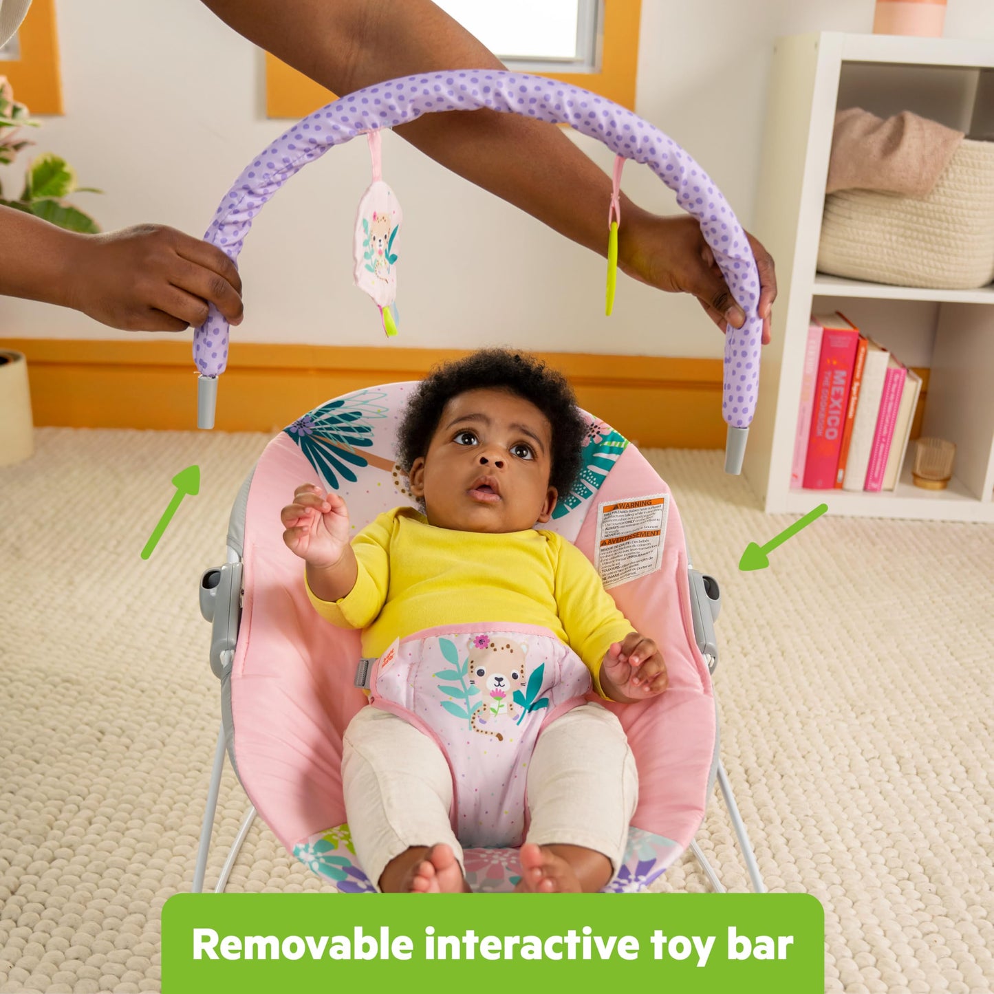 Bright Starts Baby Bouncer Soothing Vibrations Infant Seat - Removable -Toy Bar, Nonslip Feet, 0-6 Months Up to 20 lbs (Safari Fun)