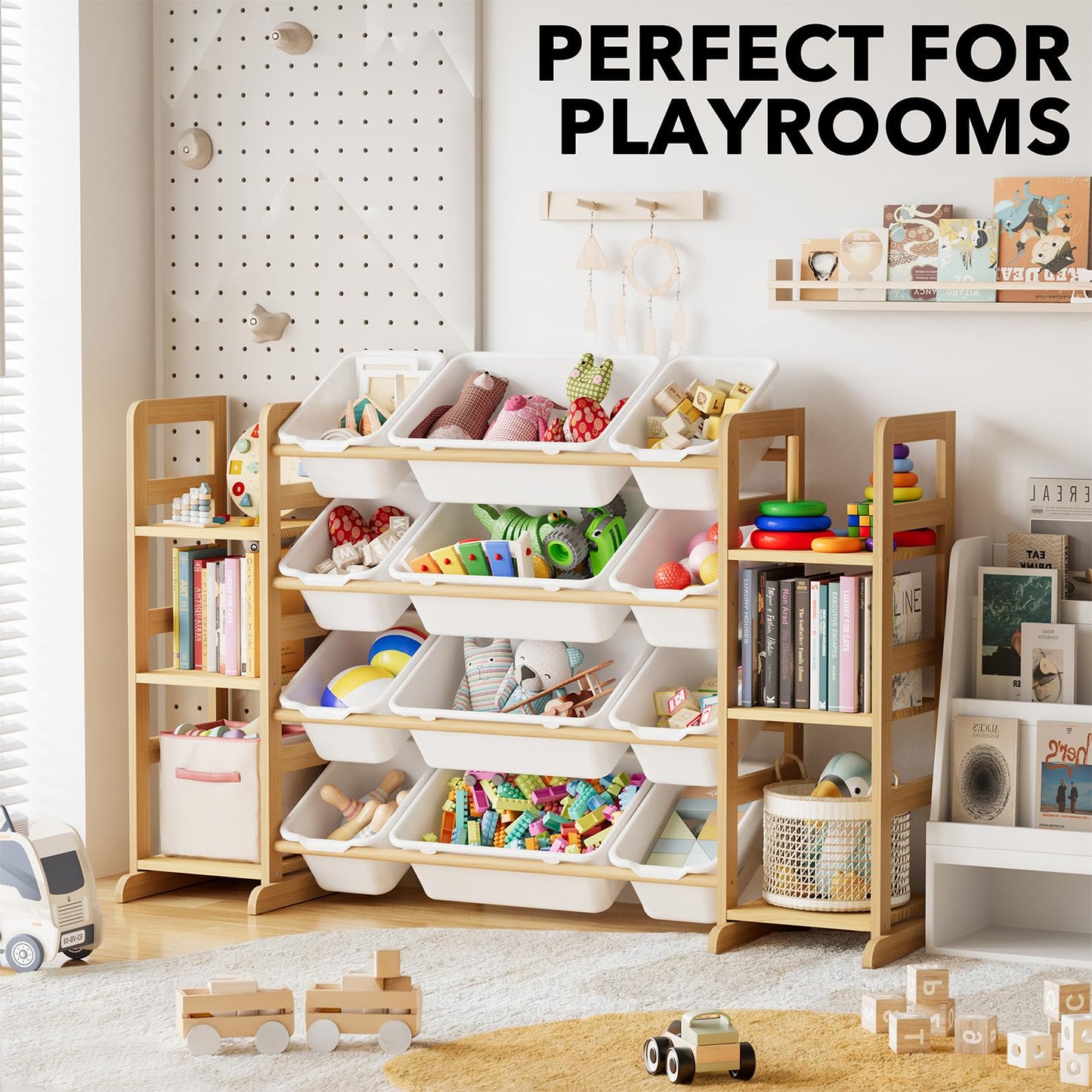SpaceAid Toy Storage Organizer with 6 Shelves and 12 Bins, Bookshelf/Bookcase, Kids Bin Shelf, Toys Box for Playroom Organization for Bedroom & Room Decor, White, 52.3" W