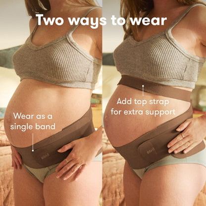 Frida Mom Dual Support Pregnancy Belly Band S/M, Maternity Belly Band with Ultimate Support Back, Hip & Pelvic, Adjustable, Lightweight, Breathable & Comfy, Supports Bump as Baby Grows, Clay