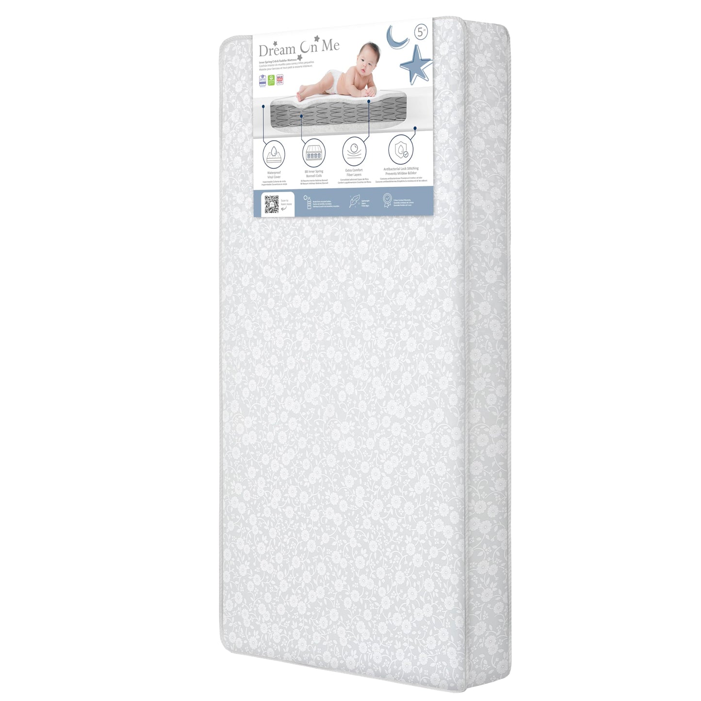 Dream On Me Twilight 5” 88 Coil Inner Spring Crib & Toddler Mattress – Brown Cloud, Greenguard Gold & BSA Certified, Waterproof & Stain-Resistant Cover, Fits Standard Full-Size Cribs & Toddler Beds