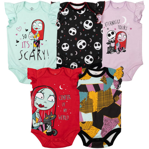 Disney Nightmare Before Christmas Sally Jack Skellington Baby Girls 5 Pack Bodysuits Newborn to Infant