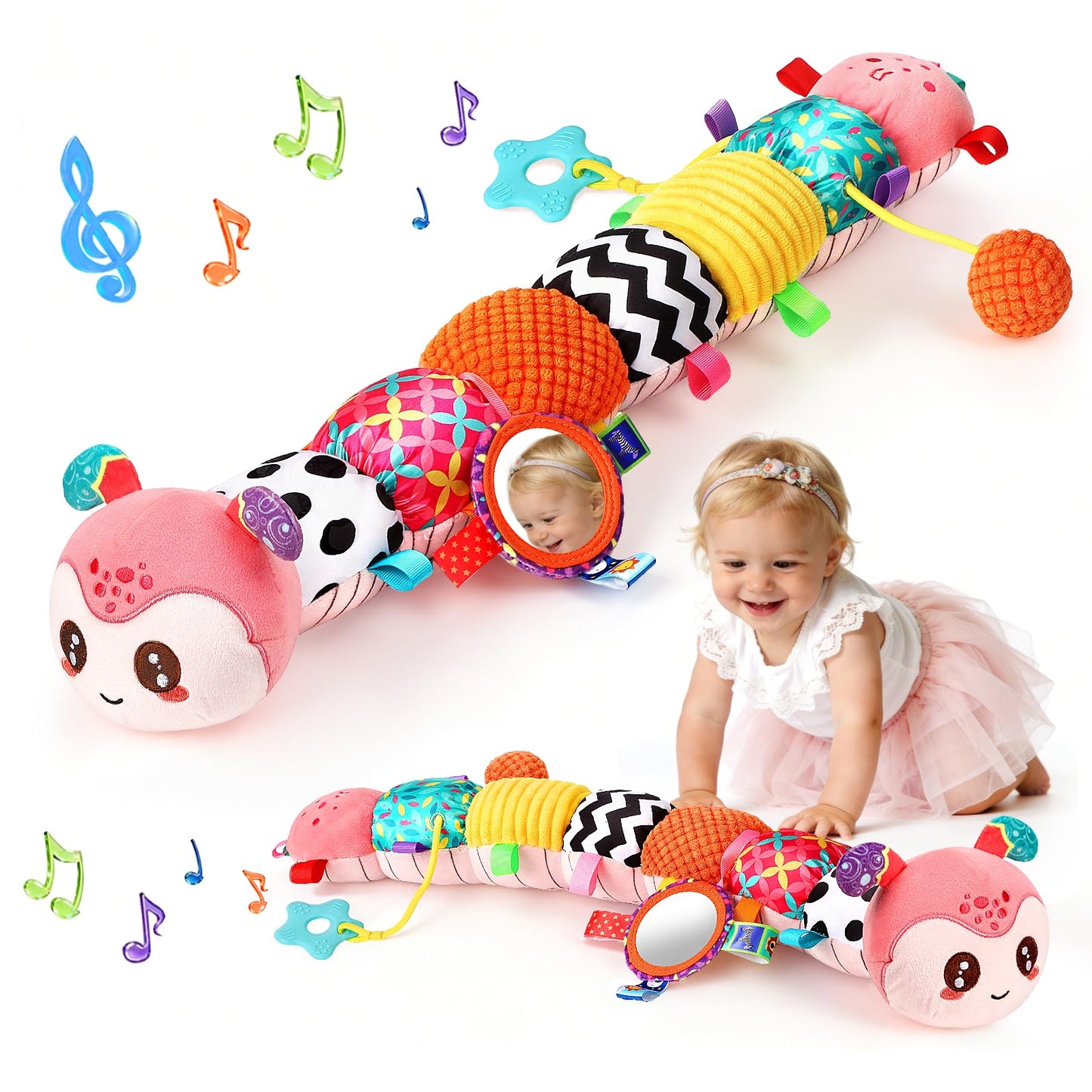 Baby Sensory Toys for 0-6 6-12 Months, Musical Stuffed Caterpillar Animal Toys for Infant 3 6 9 12 18 Months, Tummy Time Toys with Mirror Rattle Crinkle for Newborn Boys Girls Shower Gifts