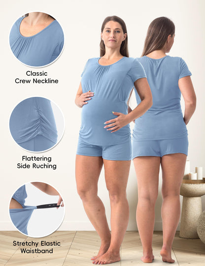 SUNNYBUY Womens Maternity Nursing Pajamas Set, Short Sleeve Breastfeeding Shirts，Pregnancy Shorts & Pants 3 Piece Nursing PJS