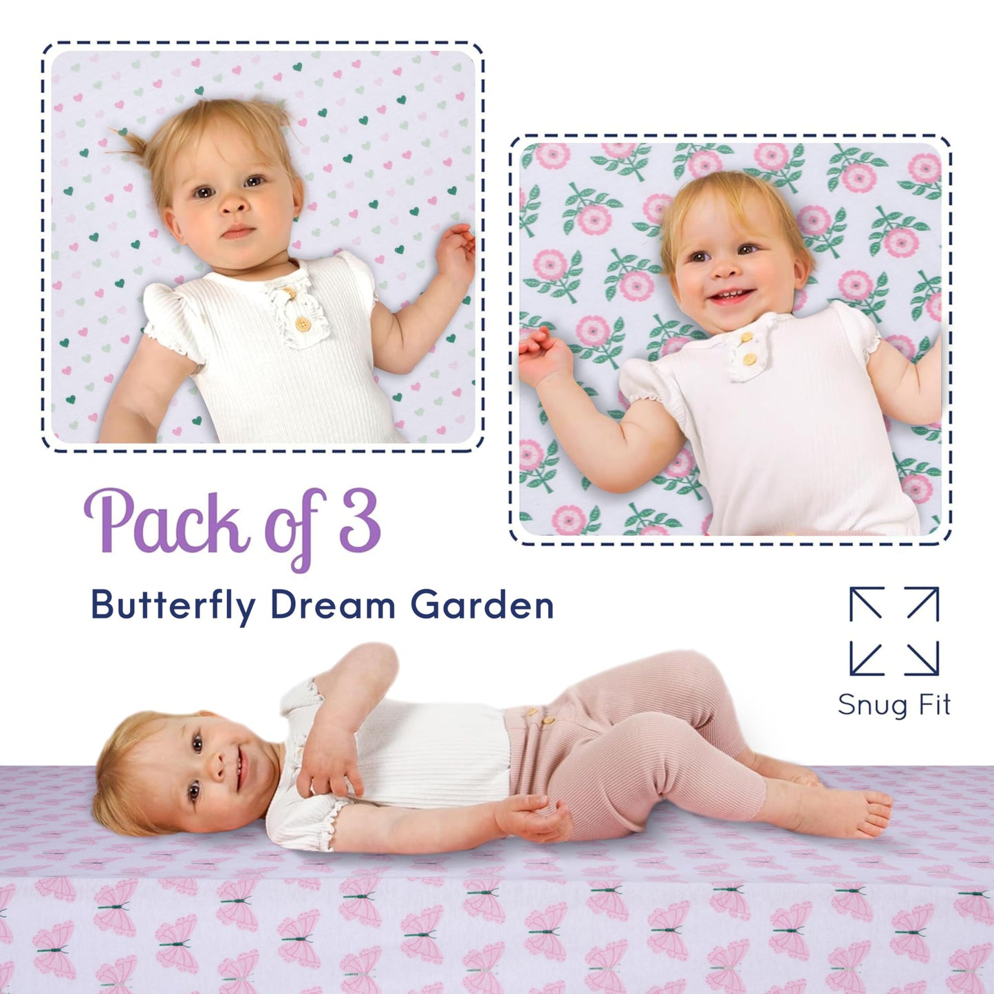 GROW WILD Unicorns & Rainbows Fitted Crib Sheets Girl (3 Pack) - Soft Jersey Cotton Fitted Sheet, Toddler Bed Mattress & Baby Crib Bedding Set for Girls, Baby Girl Nursery Crib - Pink, Purple & White