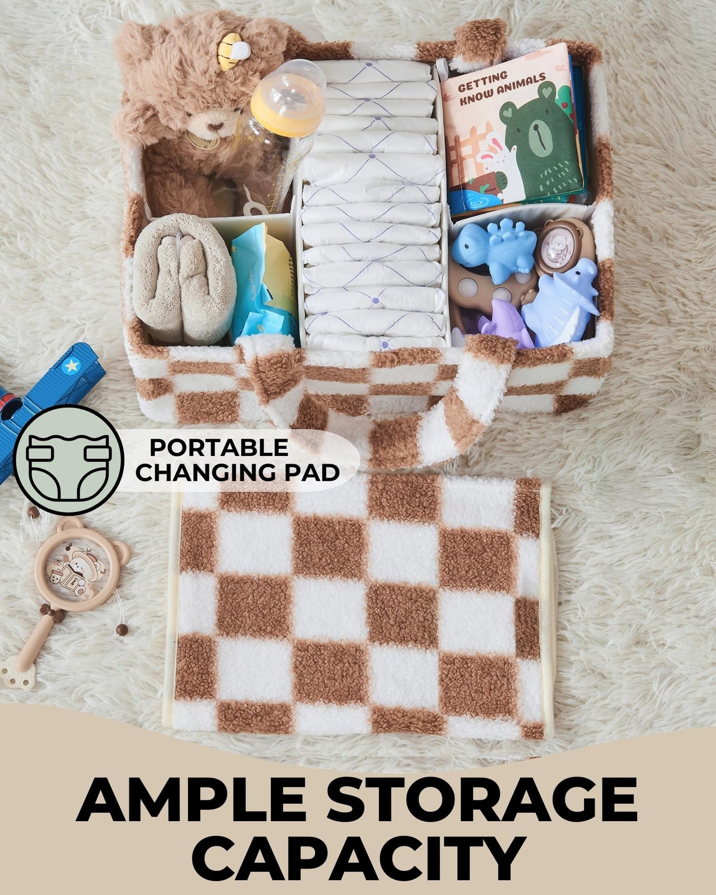 Baby Diaper Caddy Organizer with Portable Changing Mat - Teddy Fleece Diaper Organizer for Changing Table - Basket for Changing Essentials - Baby Essentials Organizer with Removable Dividers