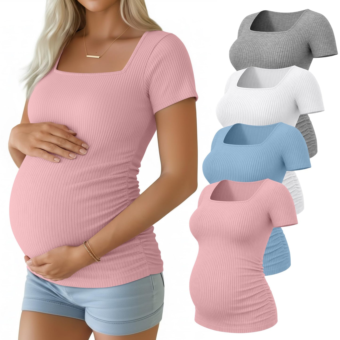 Huukeay 4 Pack Women's Maternity Shirts Cotton Ribbed Short Sleeve Square Neck Pregnancy Tops Side Ruched Summer Tee